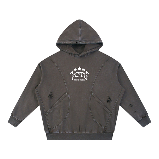 Snow Washed Distressed Panel Pocket Hoodie